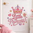 Pink Little Princess wall decal with a heart shaped crown, magic wand, lavender stars and pink hearts.