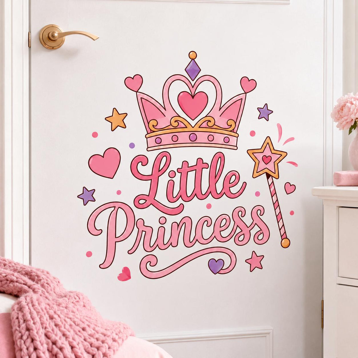 Pink Little Princess wall decal with a heart shaped crown, magic wand, lavender stars and pink hearts.