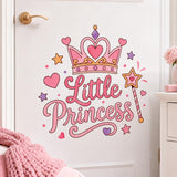 Pink Little Princess wall decal with a heart shaped crown, magic wand, lavender stars and pink hearts.
