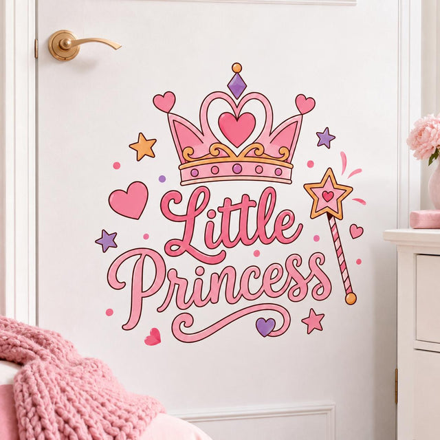 Pink Little Princess wall decal with a heart shaped crown, magic wand, lavender stars and pink hearts.