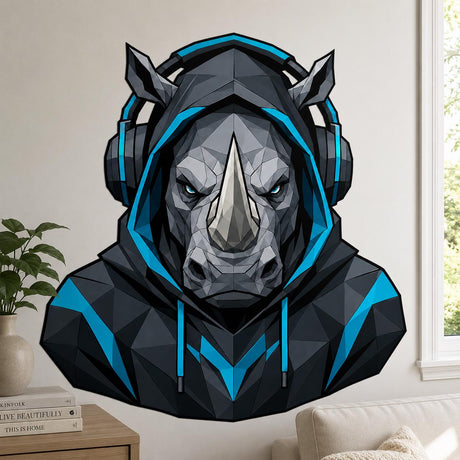Geometric rhinoceros gamer wall sticker with central horn, blue eyes, dark hoodie and turquoise accented headphones.