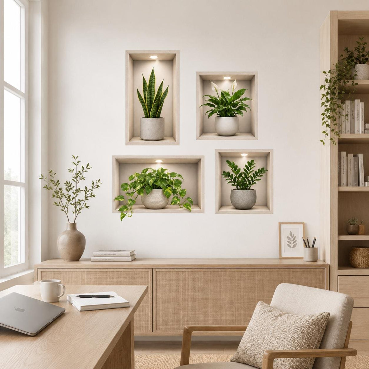 Botanical vinyl wall sticker featuring false recessed shelves with assorted indoor plants