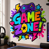 Colorful GAME ZONE wall decal with neon lettering, purple controller, pixel heart, retro alien and lightning bolts.