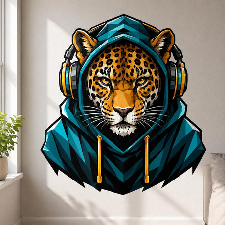 Leopard gamer wall decal with spotted golden fur, intense eyes, a teal hoodie and black and teal headphones.