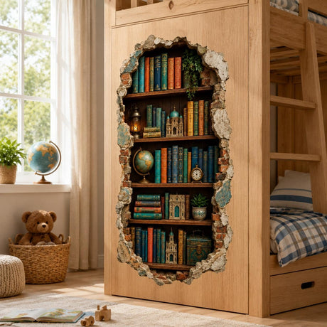 3D vintage bookshelf wall sticker inside a broken brick wall illusion, with colorful books, a globe, lantern and clock.