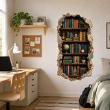 Vintage bookshelf through a broken wall decal beside a white writing desk.