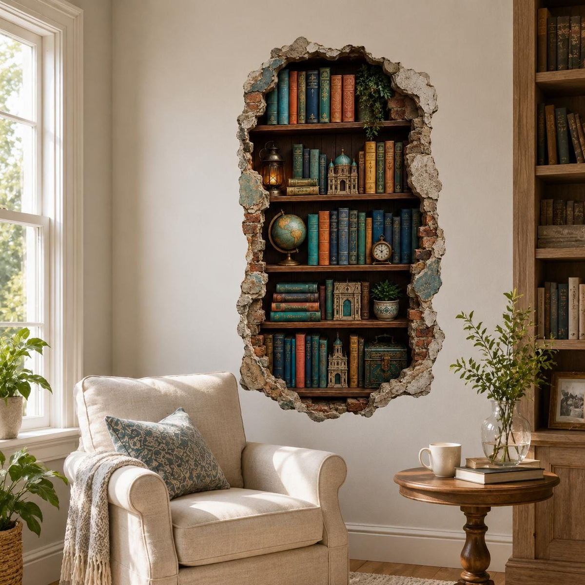 3D bookshelf illusion wall sticker beside a white armchair and wooden side table.