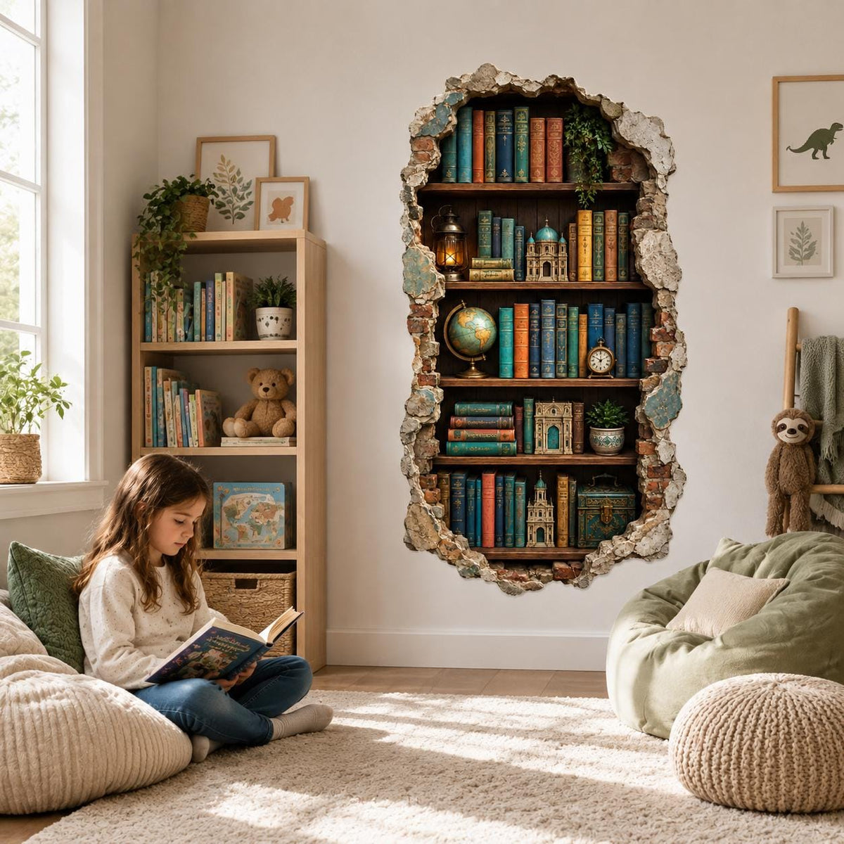 Girl reading a book on the floor next to a faux 3D bookshelf wall decal.