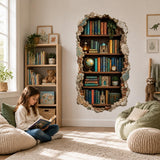 Girl reading a book on the floor next to a faux 3D bookshelf wall decal.
