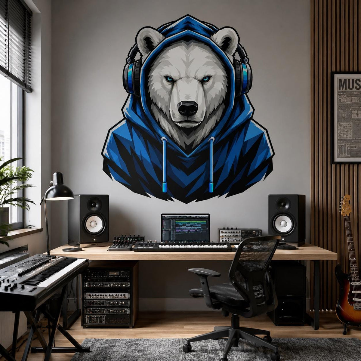Polar bear with headphones wall decal above a computer desk with speakers and digital music equipment.