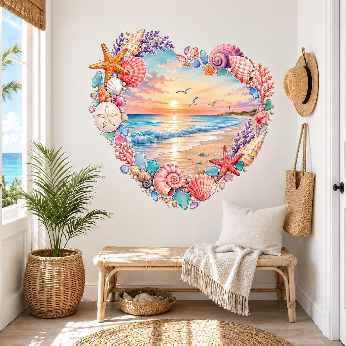 Seashell-framed heart beach wall sticker above a wooden bench with a woven basket.