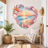 Seashell-framed heart beach wall sticker above a wooden bench with a woven basket.
