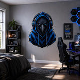 Raven gamer decal with headphones above a bed and black gaming chair in a blue-lit room.