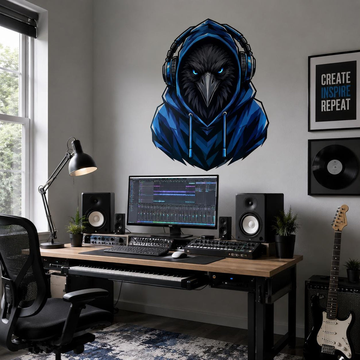 Blue-hooded raven wearing headphones wall decal above a computer workstation with speakers.
