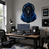 Blue-hooded raven wearing headphones wall decal above a computer workstation with speakers.