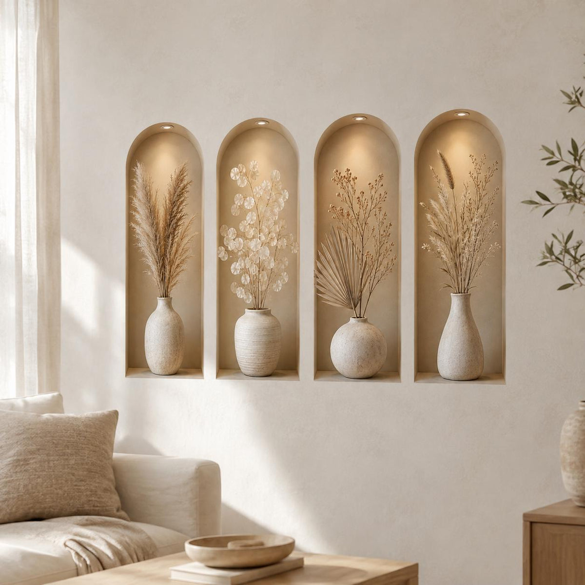 Gold-beige arched wall niche decal with white vases above a small sofa and side table.