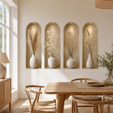 Four arched vase niche wall decals above a light wood dining table in a minimal interior.