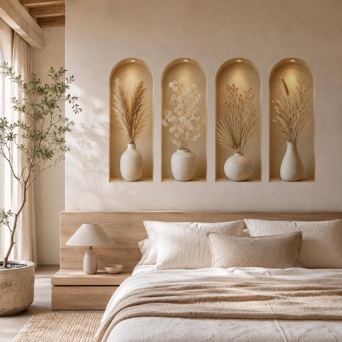 Four faux arched wall niches containing white vases and dried foliage above a beige bed.