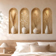 Four arched beige wall niche stickers lit from above, each displaying a cream vase with neutral dried botanical stems.