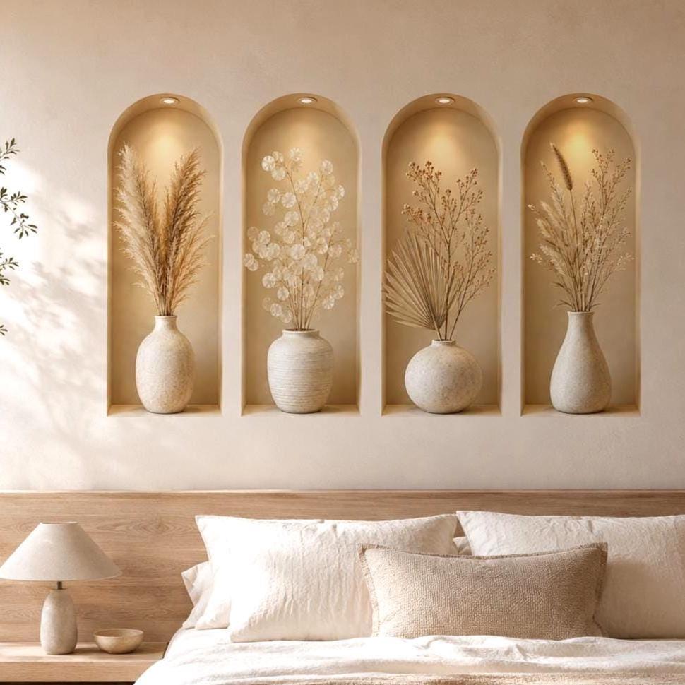 Four arched beige wall niche stickers lit from above, each displaying a cream vase with neutral dried botanical stems.
