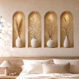 Four arched beige wall niche stickers lit from above, each displaying a cream vase with neutral dried botanical stems.