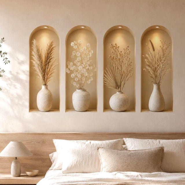 Four arched beige wall niche stickers lit from above, each displaying a cream vase with neutral dried botanical stems.