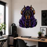 Doberman wearing headphones and a purple hoodie wall decal above a gaming desk near a window.