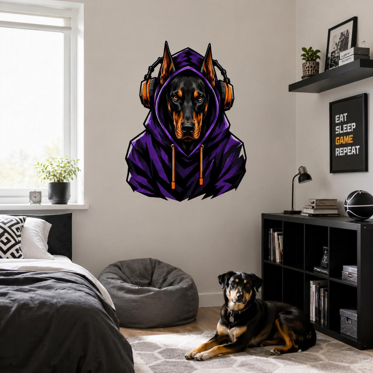 Purple-hooded Doberman dog wall sticker near a bed and a real dog lying on the floor.