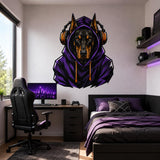Doberman gamer wall decal over a computer desk and black gaming chair in a purple-accented bedroom.