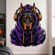 Illustrated Doberman dog gamer wall decal with pointed ears, amber eyes, a purple hoodie and orange accented headphones.