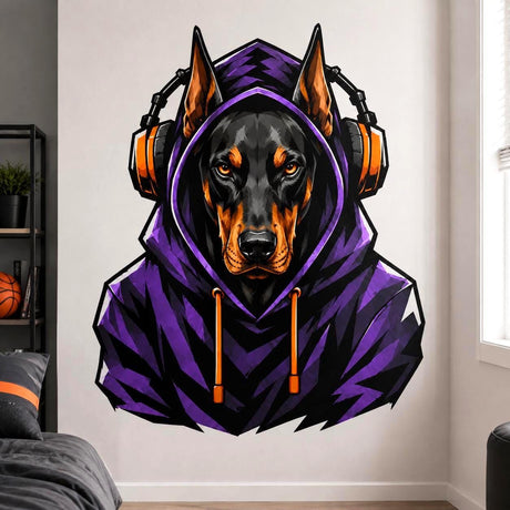 Illustrated Doberman dog gamer wall decal with pointed ears, amber eyes, a purple hoodie and orange accented headphones.
