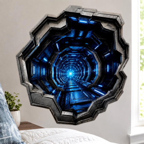 3D sci-fi tunnel wall decal showing a dark metallic corridor with electric blue lights narrowing toward a glowing point.