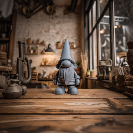 3D printed Nordic gnome ornament with a tall pointed hat, rounded nose and textured beard