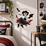 Gothic bat girl and crescent moon wall decal above a black bed with burgundy bedding.
