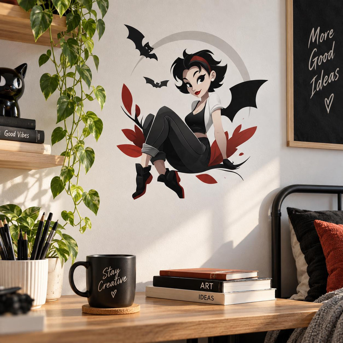 Bat-winged gothic girl wall sticker beside a desk, coffee mug and motivational wall poster.