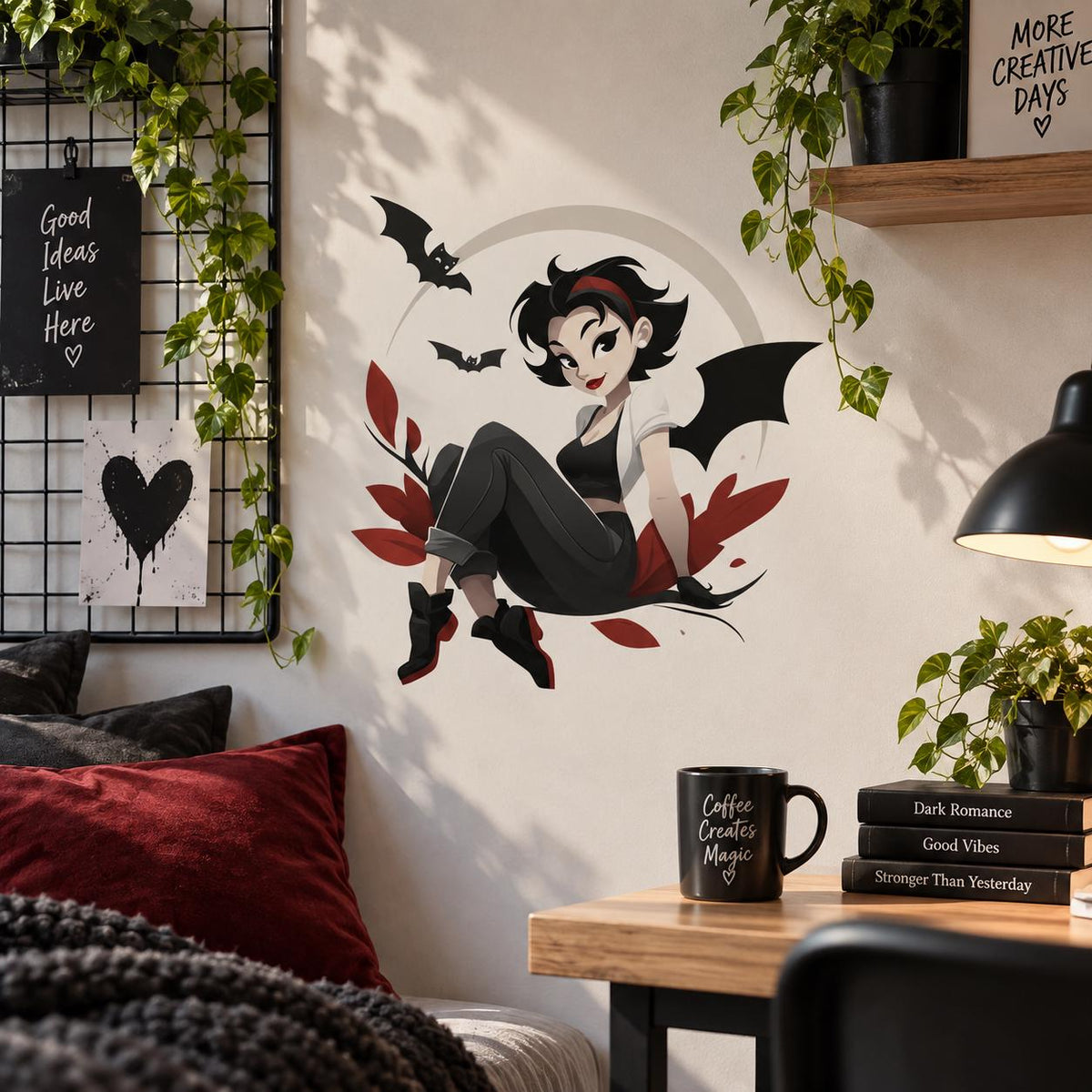 Gothic bat-winged girl decal displayed above a small desk with a lamp and books.