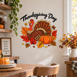 Autumn turkey and Thanksgiving Day lettering wall decal above a dining chair and seasonal flowers.