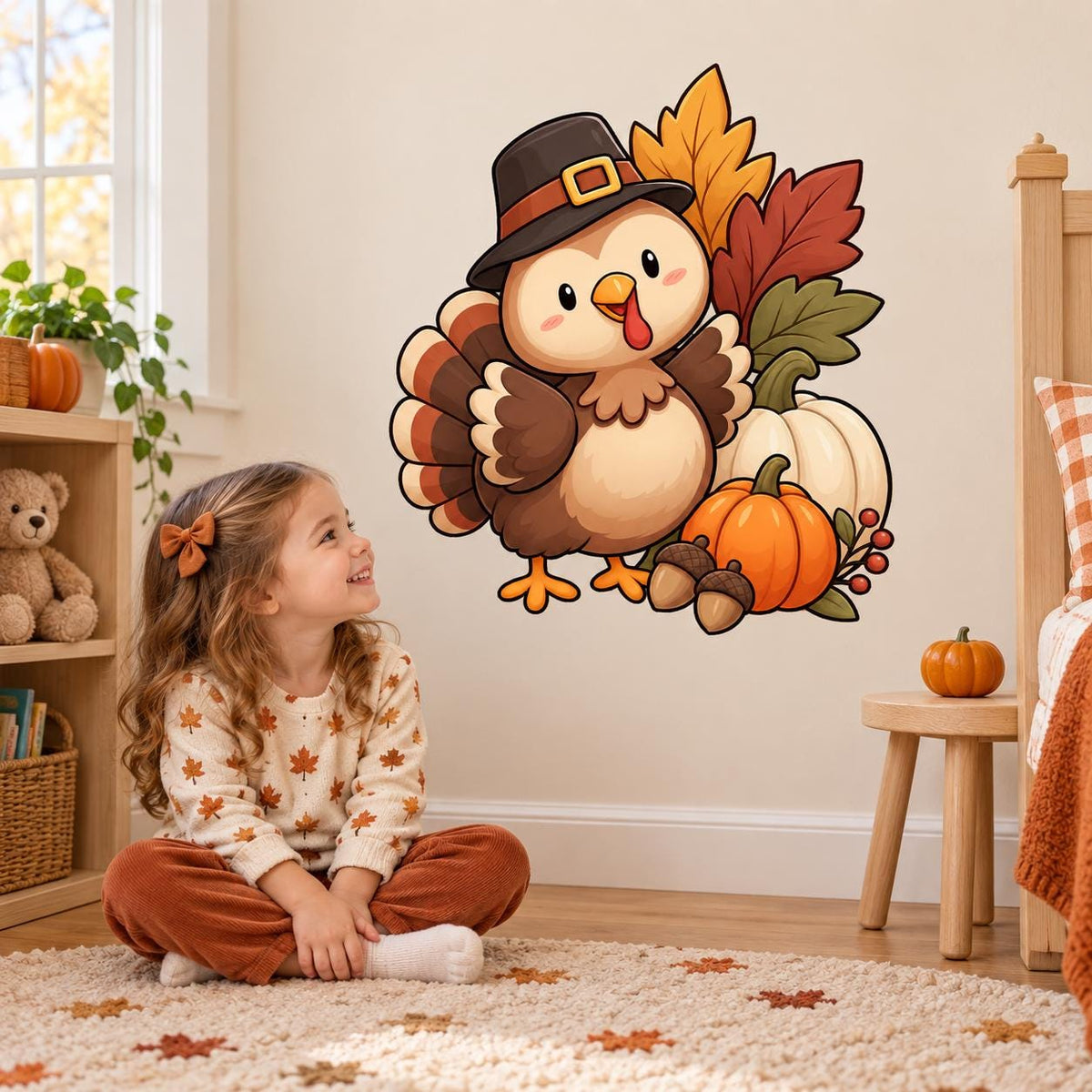 Girl sitting on a rug below a smiling Thanksgiving turkey and pumpkin wall decal.