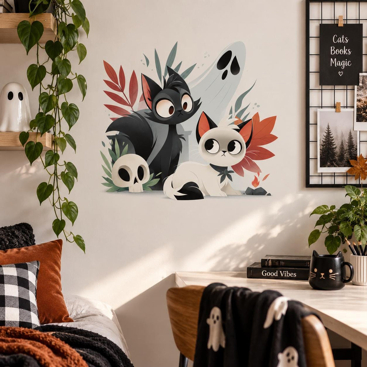 Halloween cats and ghost wall sticker above a bed with checkered pillows and a cat cushion.