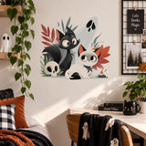 Halloween cats and ghost wall sticker above a bed with checkered pillows and a cat cushion.