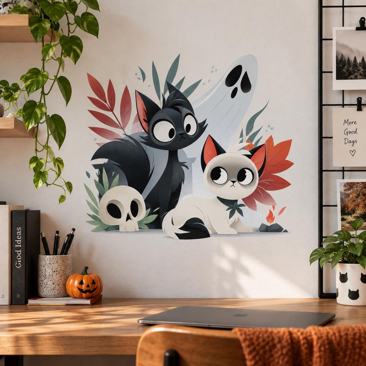 Cartoon Halloween cats with pale ghosts above a wooden desk and small orange pumpkin.