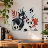 Cartoon Halloween cats with pale ghosts above a wooden desk and small orange pumpkin.