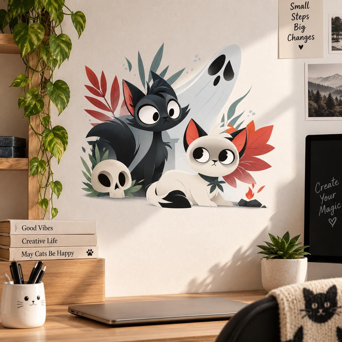 Black and white Halloween cats wall decal above a small desk with laptop and potted plant.