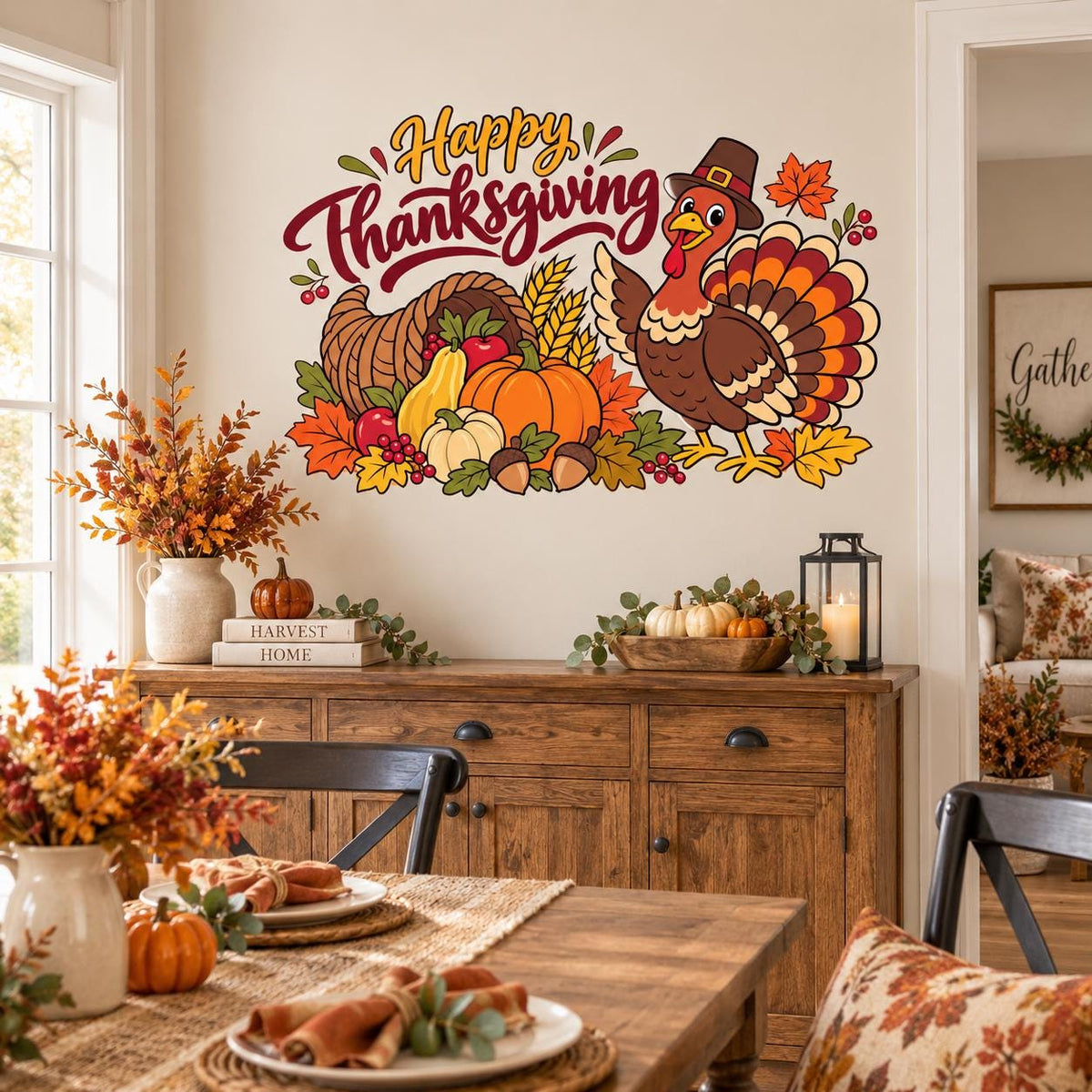 Happy Thanksgiving turkey and autumn produce wall decal above a rustic sideboard and dining table.