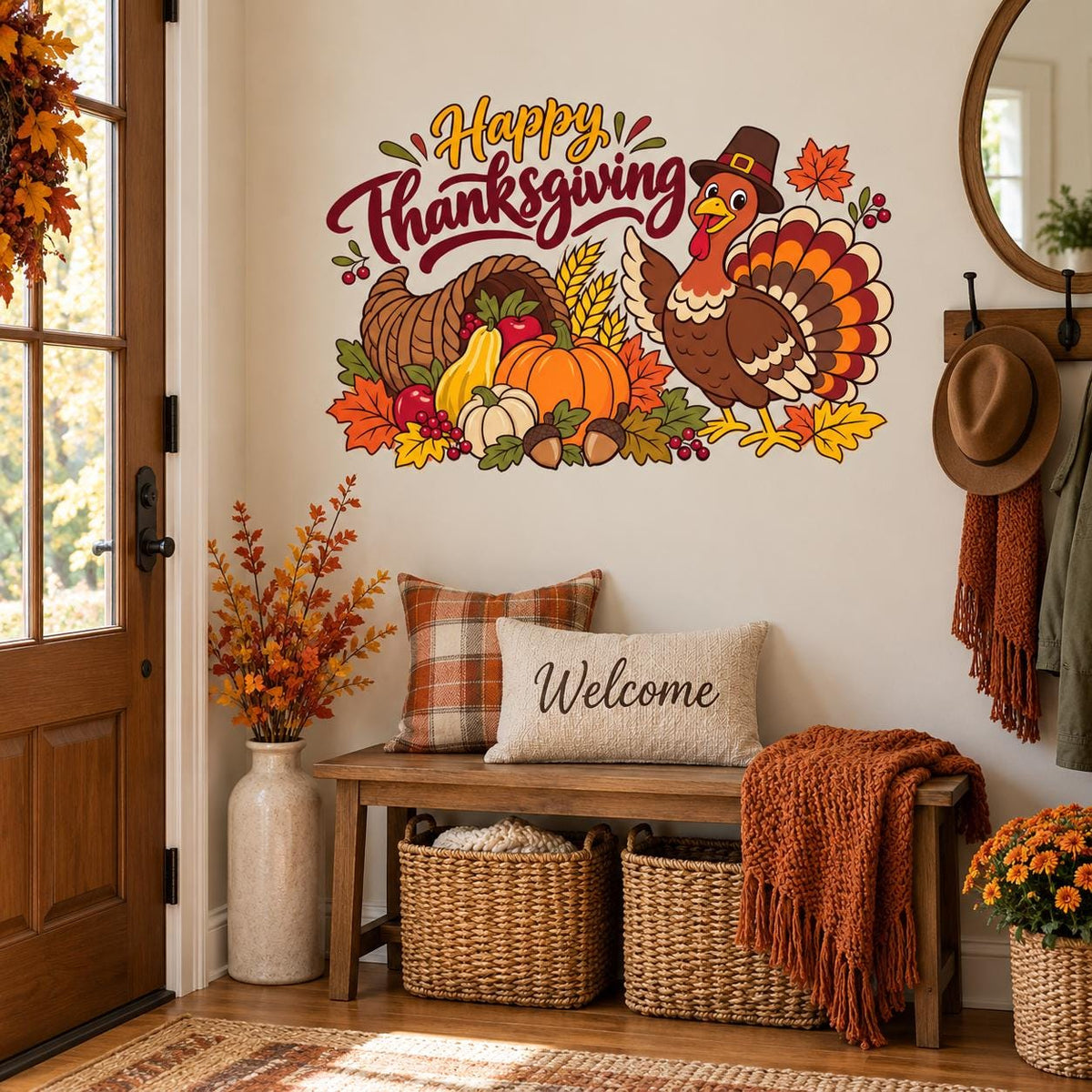 Autumn turkey and Happy Thanksgiving wall decal over a hallway bench with a welcome cushion.
