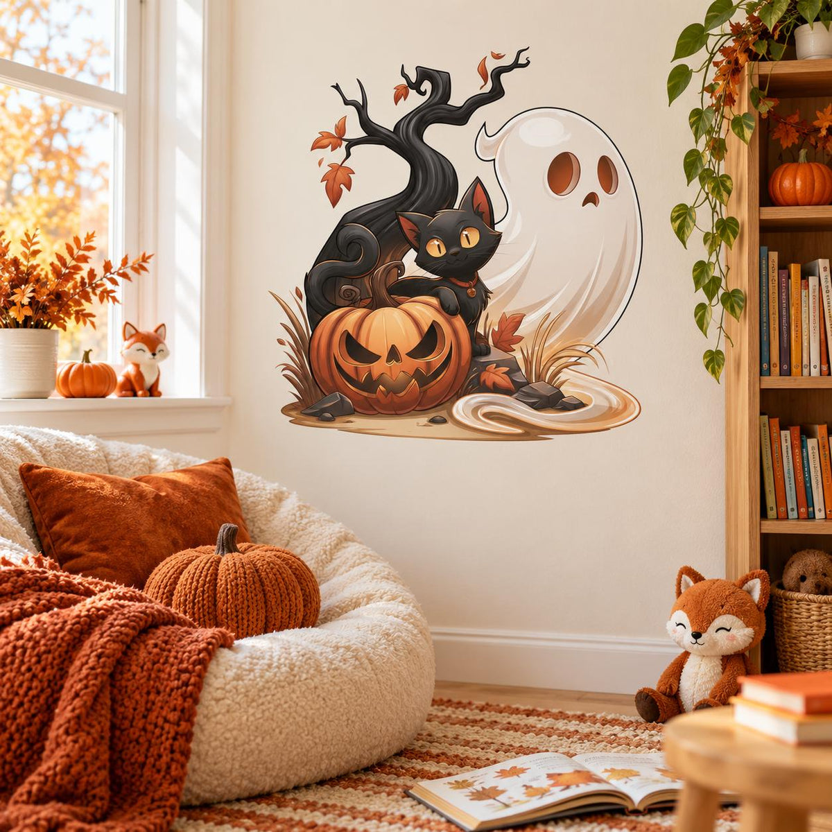 Halloween haunted tree and friendly ghost wall sticker above an autumn-decorated couch.