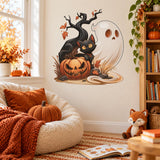 Halloween haunted tree and friendly ghost wall sticker above an autumn-decorated couch.