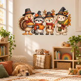 Turkey, raccoon, deer and rabbit harvest wall sticker above a pet's resting spot and toy baskets.
