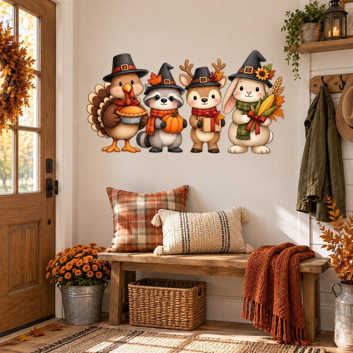 Thanksgiving woodland animal wall decals above an entryway bench with plaid cushions and fall decorations.