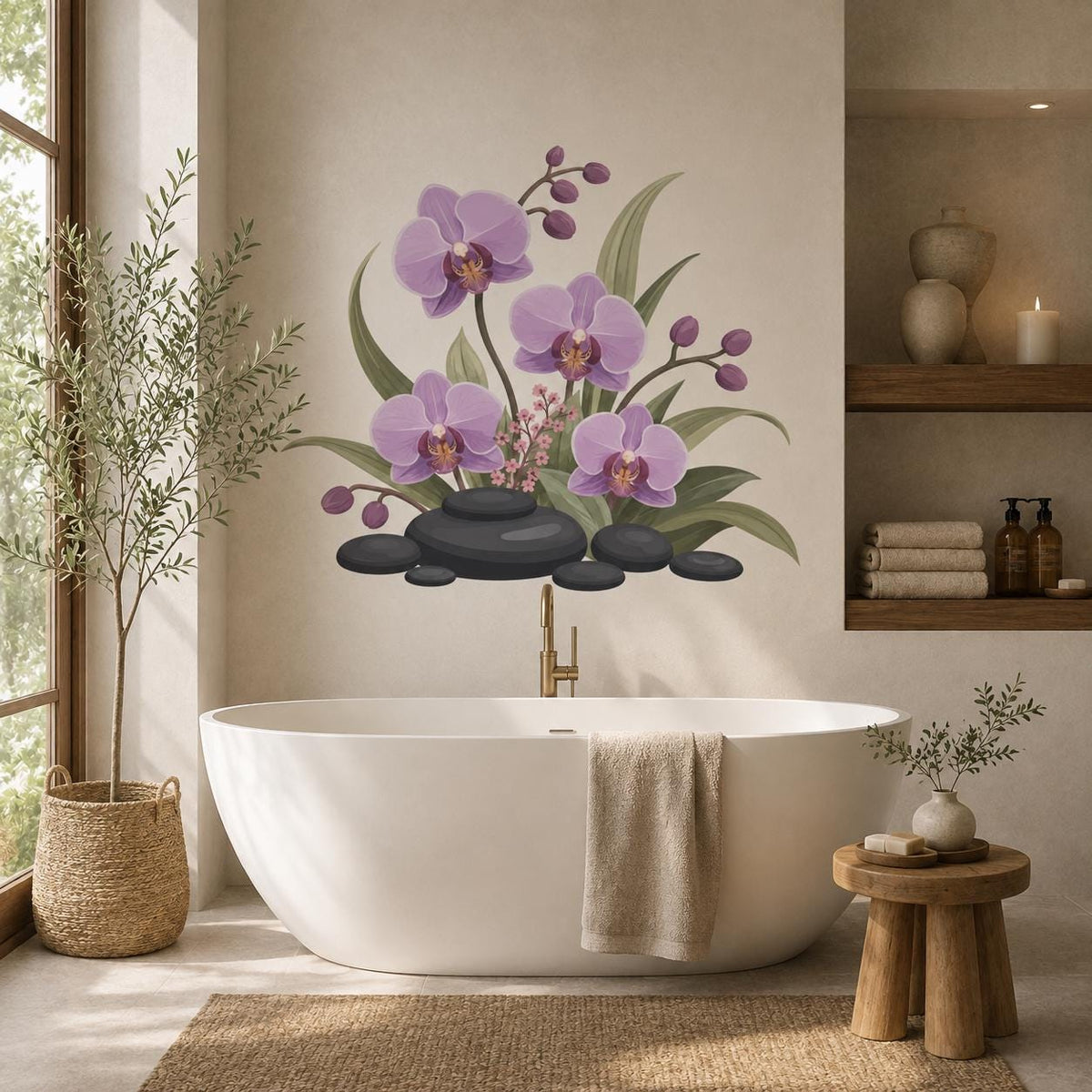Purple orchid and black spa stones wall decal above a white freestanding bathtub in a bright bathroom.